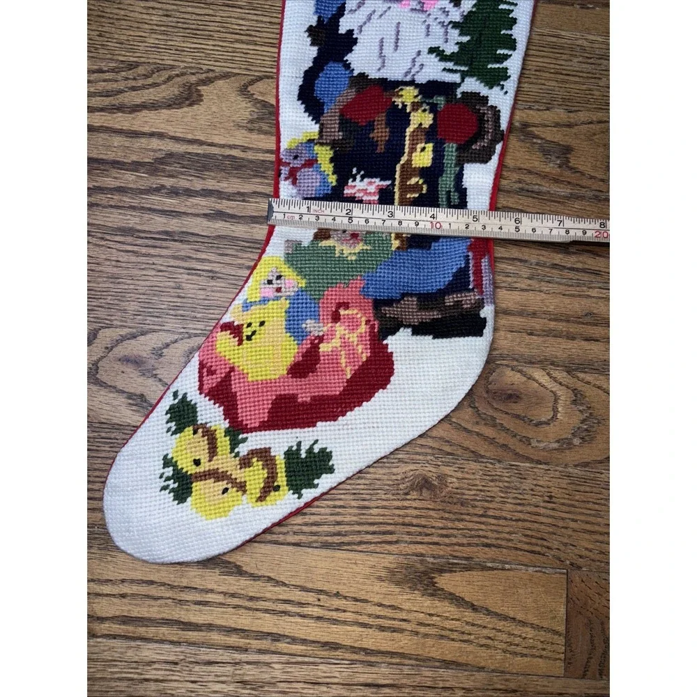 Vintage Needlepoint Christmas Santa Toys Stocking Red Velvet Left Hanging